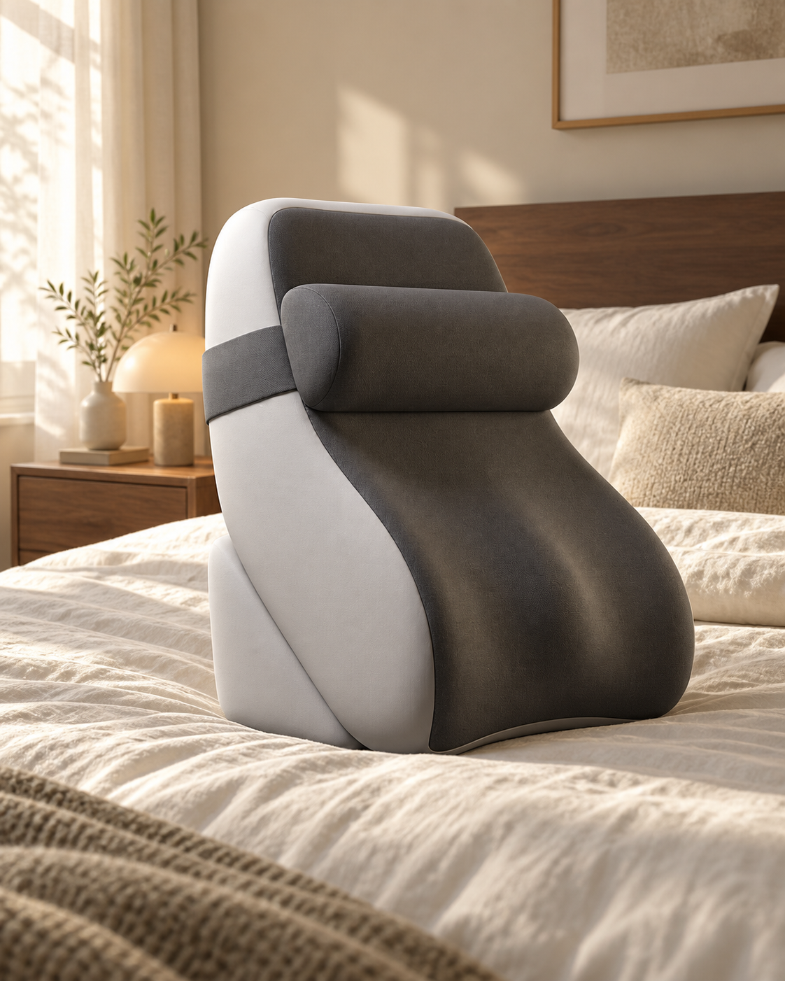 Full grey Lumara cushion in a warm bedroom, concept image