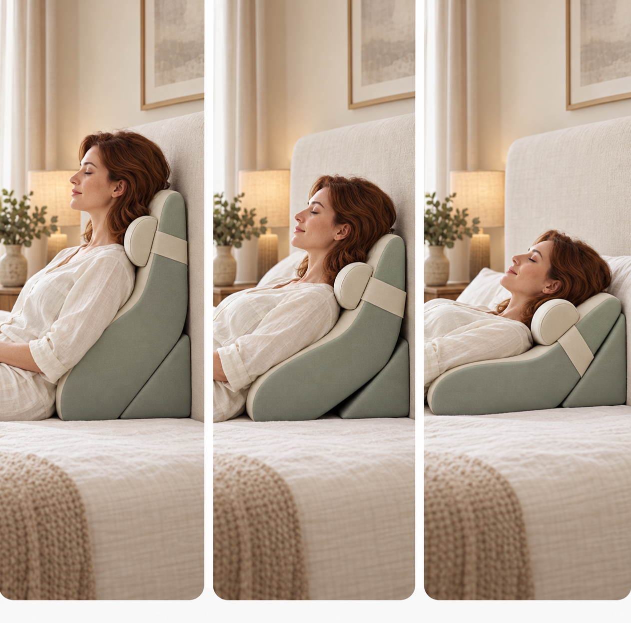 A new model demonstrates upright, middle and low reclining positions with Lumara in a warm bedroom