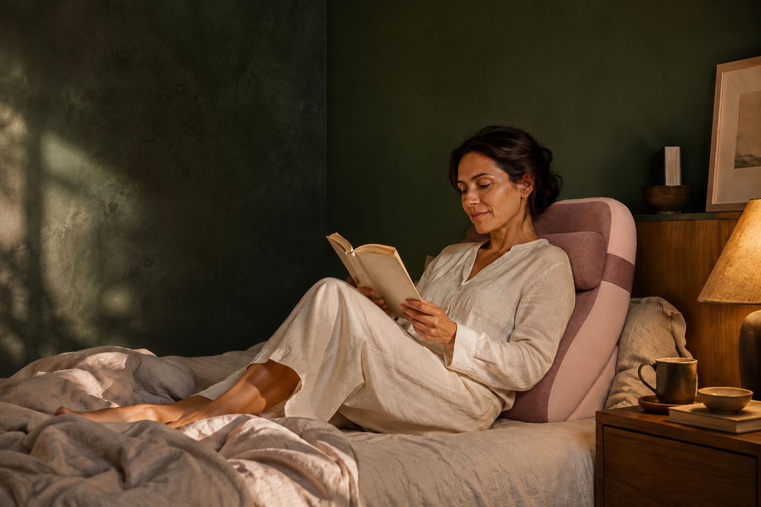 Campaign concept: a woman reading in bed with Lumara back support