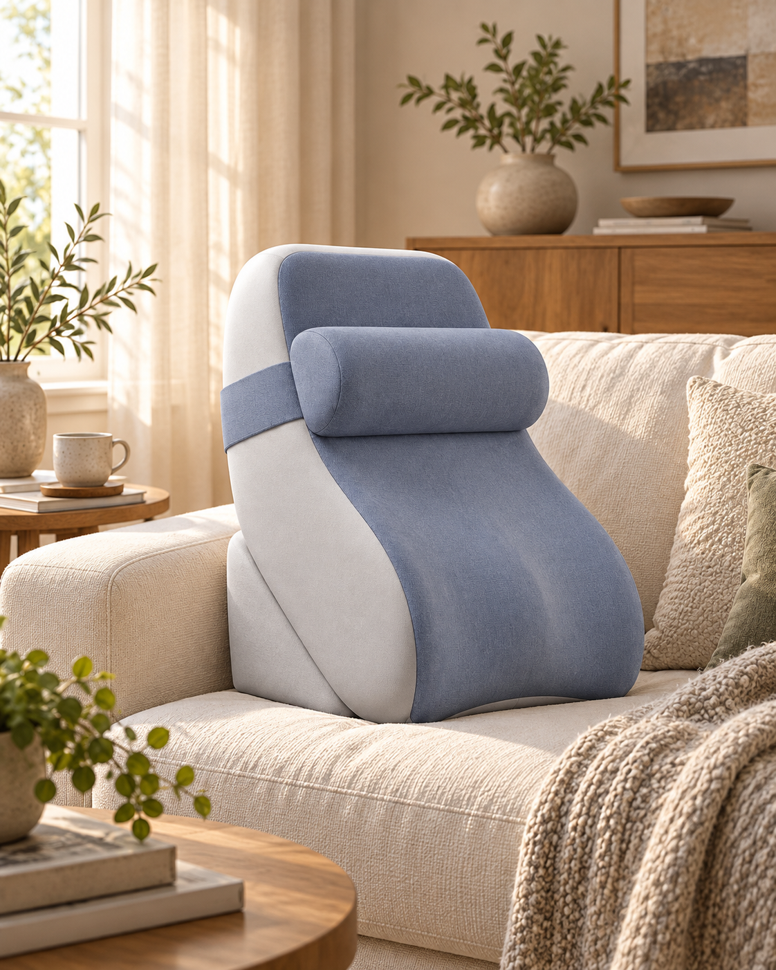 Cloud Blue Lumara cushion in an elegantly furnished bedroom, campaign concept